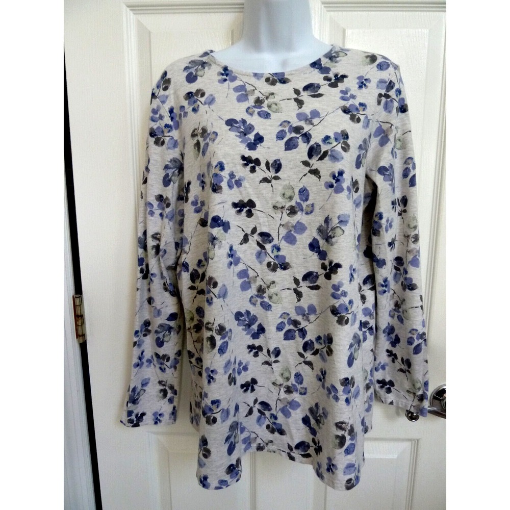 Pure Jill Womens Medium 10/12 Long Sleeve Shirttail Tee Pima Cotton Floral Blue